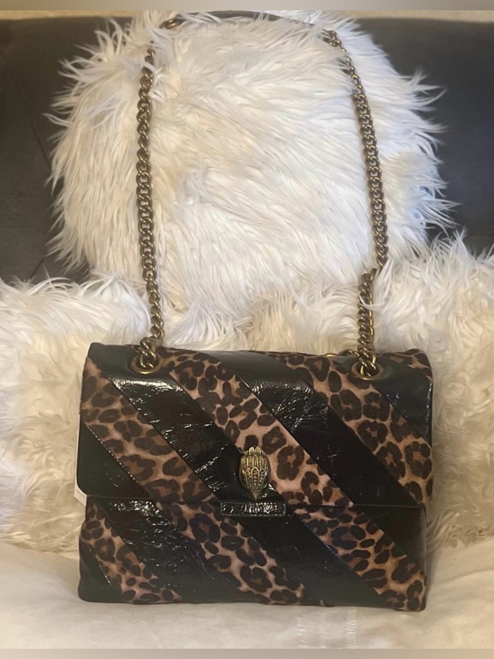 🐆Kurt Geiger Leopard Print & Black Patent Shoulder Bag with Gold Chain & Wallet - Picture 8 of 11